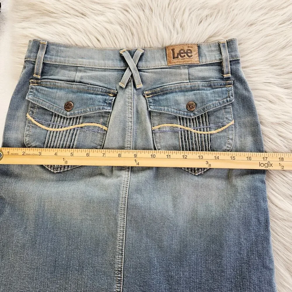 Y2K Lee Denim Skirt Juniors 3 Frayed Hem Button Pockets Stretch Slit Front
